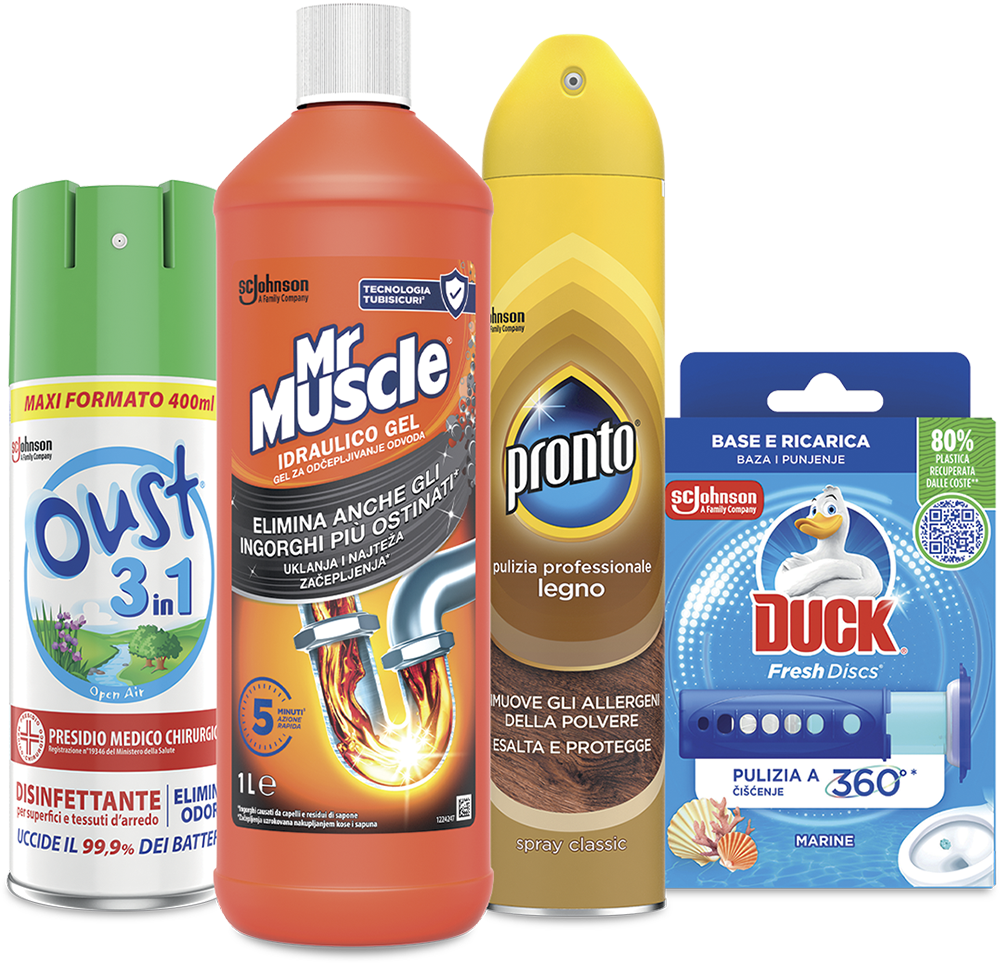 Immagini prodotti aderenti all'iniziativa: Oust 3 in 1; Mr Muscle; Pronto; Duck